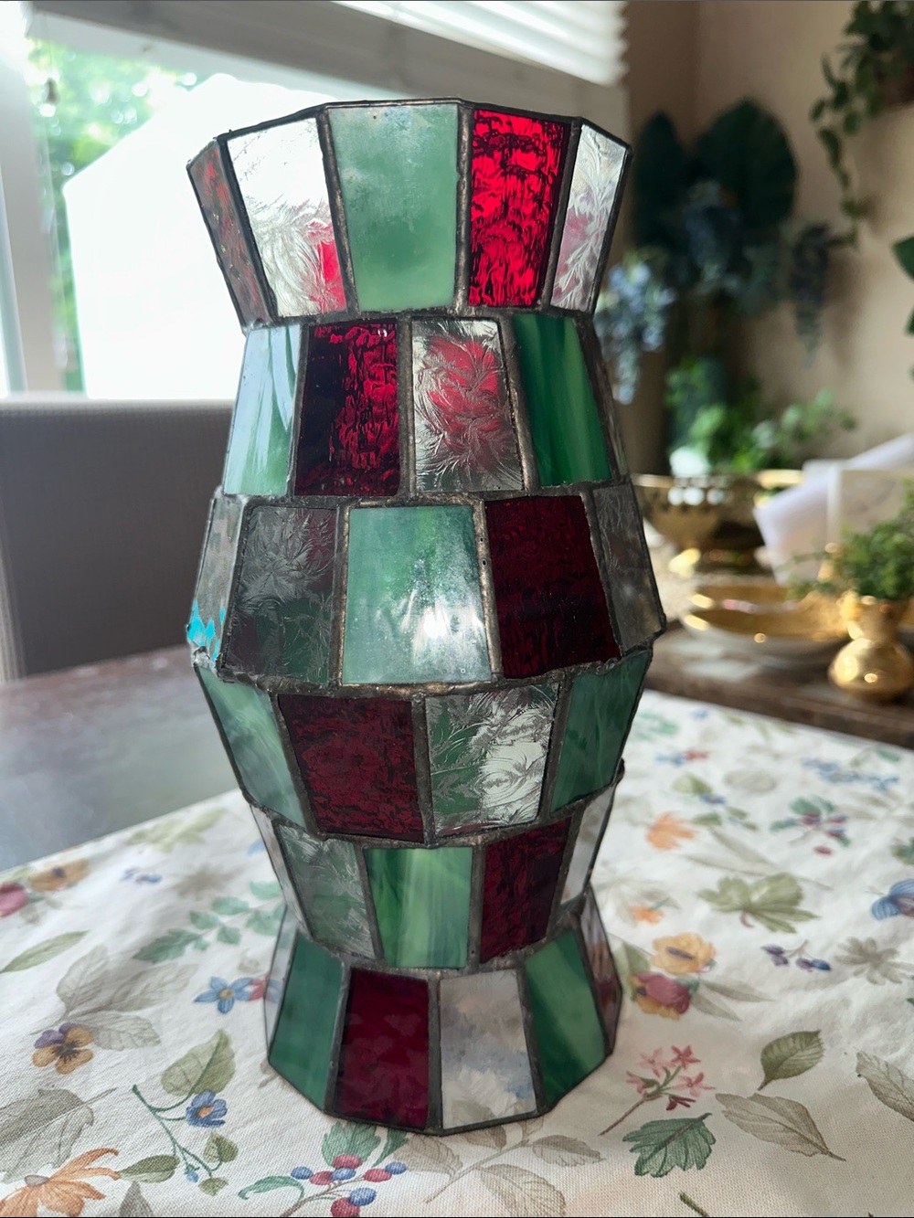 Green & Red Stained Glass Mosaic hurricane Glass- Home Accents